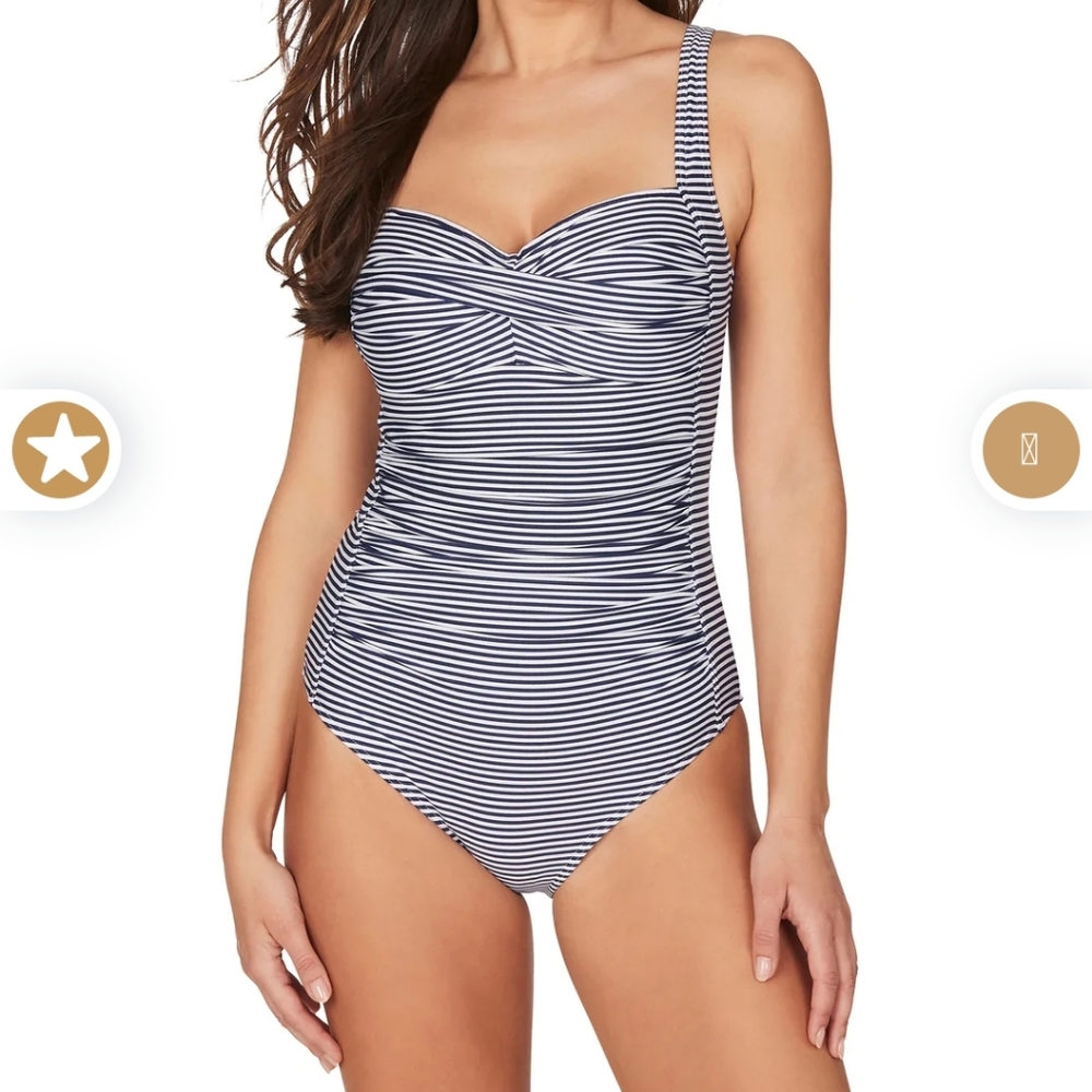 NWT Nip Tuck Navy Sorrento Stripe Joanne Twist Front Design Swimsuit